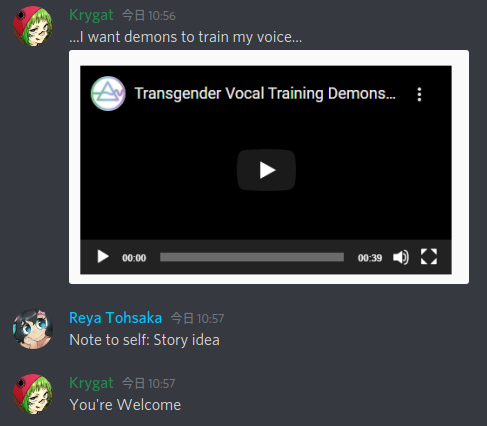 Kait shares an image of a Youtube video with the title cut off to "Transgender Voice Training Demons..."